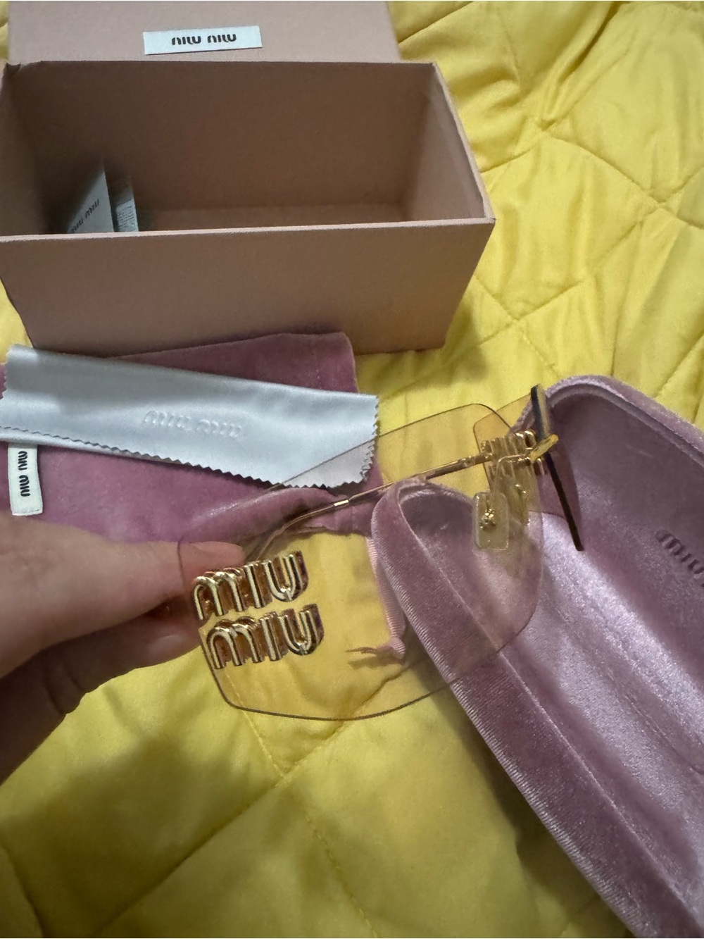 Miu Miu Rimless Amber-Tinted Sunglasses with Gold Logo Detail